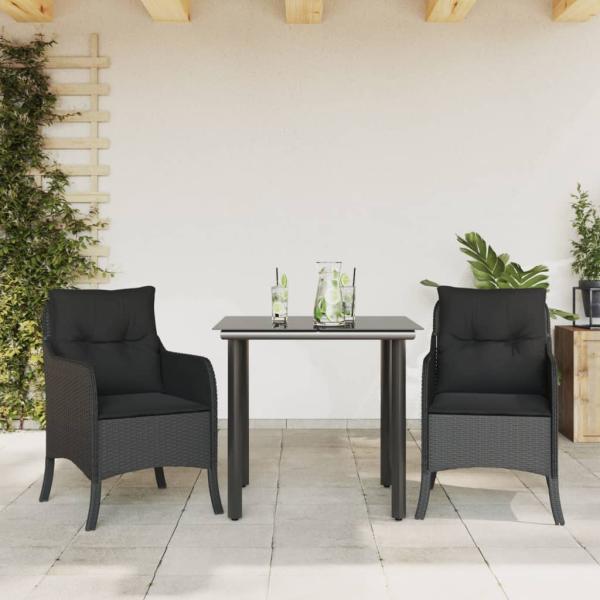 ARDEBO.de - 3-tlg. Garten-Essgruppe mit Kissen Schwarz Poly Rattan