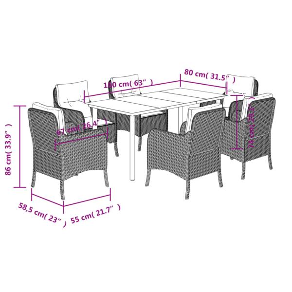7-tlg. Garten-Essgruppe mit Kissen Schwarz Poly Rattan