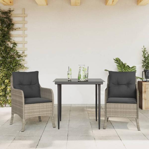 ARDEBO.de - 3-tlg. Garten-Essgruppe mit Kissen Hellgrau Poly Rattan