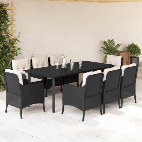 ARDEBO.de - 9-tlg. Garten-Essgruppe mit Kissen Schwarz Poly Rattan