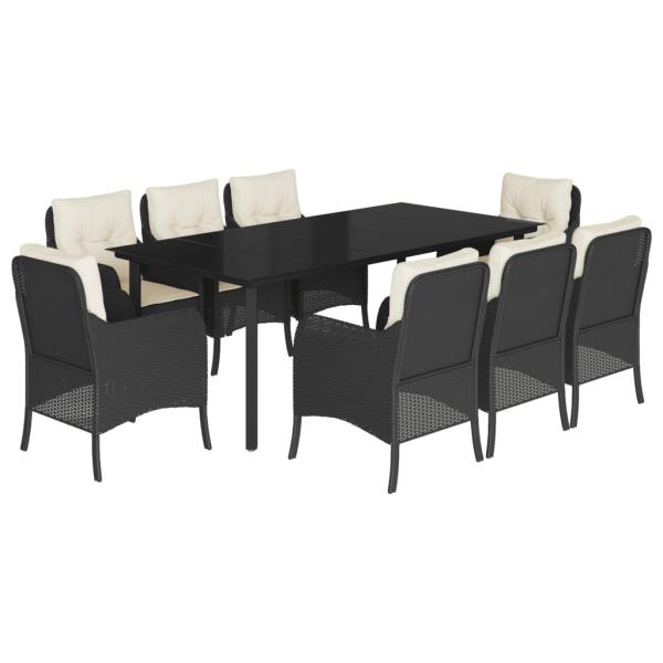 9-tlg. Garten-Essgruppe mit Kissen Schwarz Poly Rattan