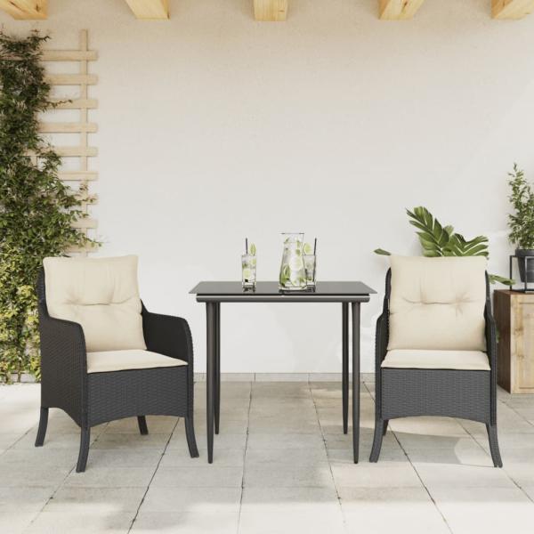 ARDEBO.de - 3-tlg. Garten-Essgruppe mit Kissen Schwarz Poly Rattan