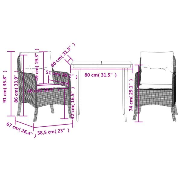 3-tlg. Garten-Essgruppe mit Kissen Schwarz Poly Rattan