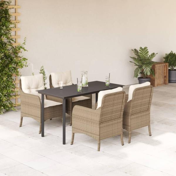 ARDEBO.de - 5-tlg. Garten-Essgruppe mit Kissen Beige Poly Rattan