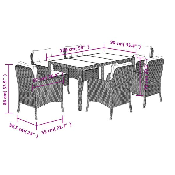 7-tlg. Garten-Essgruppe mit Kissen Grau Poly Rattan