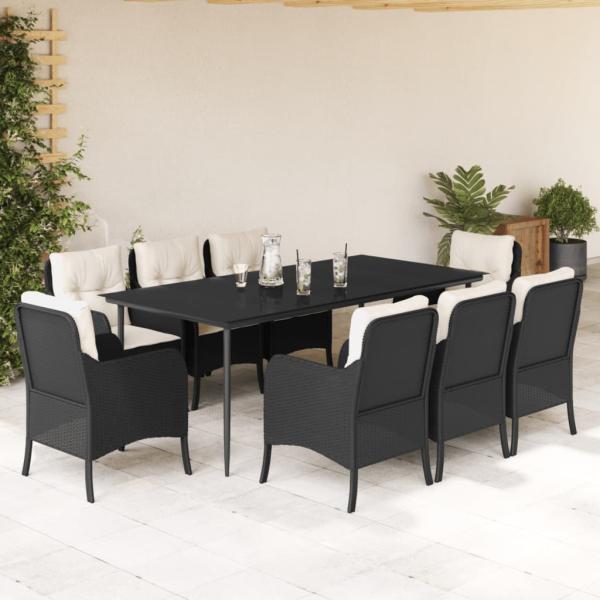 ARDEBO.de - 9-tlg. Garten-Essgruppe mit Kissen Schwarz Poly Rattan