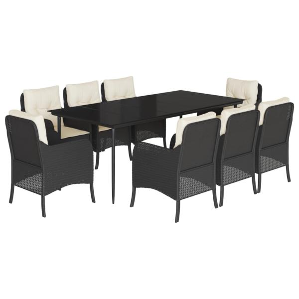 9-tlg. Garten-Essgruppe mit Kissen Schwarz Poly Rattan