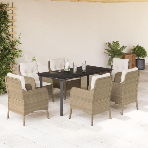 ARDEBO.de - 7-tlg. Garten-Essgruppe mit Kissen Beige Poly Rattan