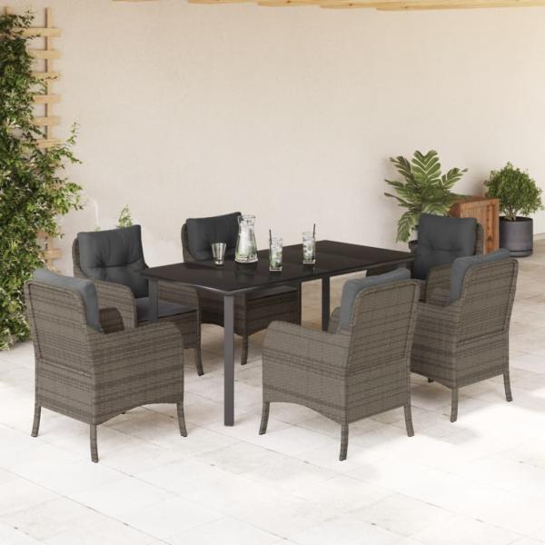 ARDEBO.de - 7-tlg. Garten-Essgruppe mit Kissen Grau Poly Rattan