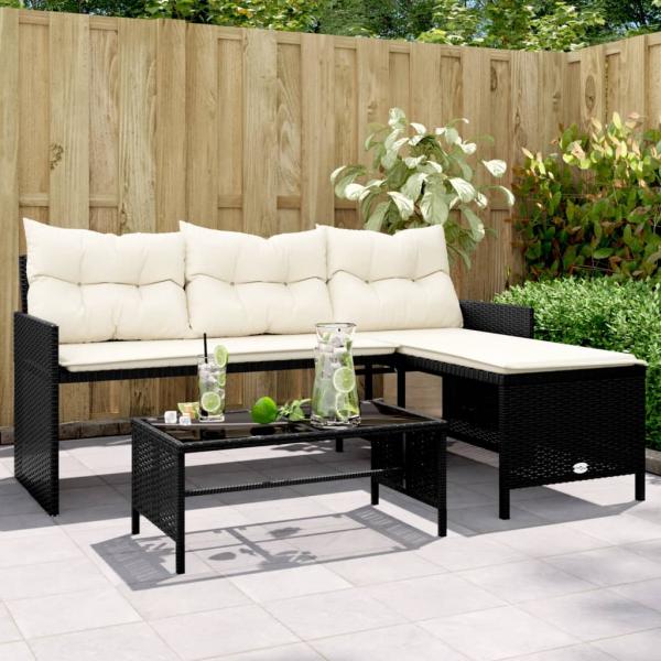 ARDEBO.de - Gartensofa in L-Form mit Tisch und Kissen Schwarz Poly Rattan