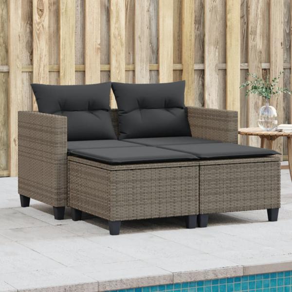 ARDEBO.de - Gartensofa 2-Sitzer mit Hockern Grau Poly Rattan