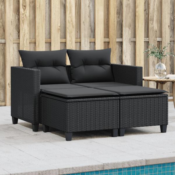 ARDEBO.de - Gartensofa 2-Sitzer mit Hockern Schwarz Poly Rattan