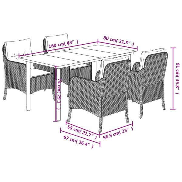 5-tlg. Garten-Essgruppe mit Kissen Braun Poly Rattan