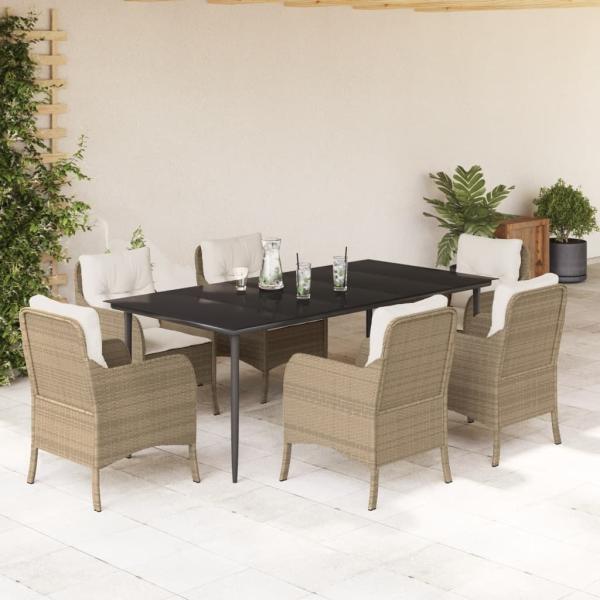 ARDEBO.de - 7-tlg. Garten-Essgruppe mit Kissen Beige Poly Rattan