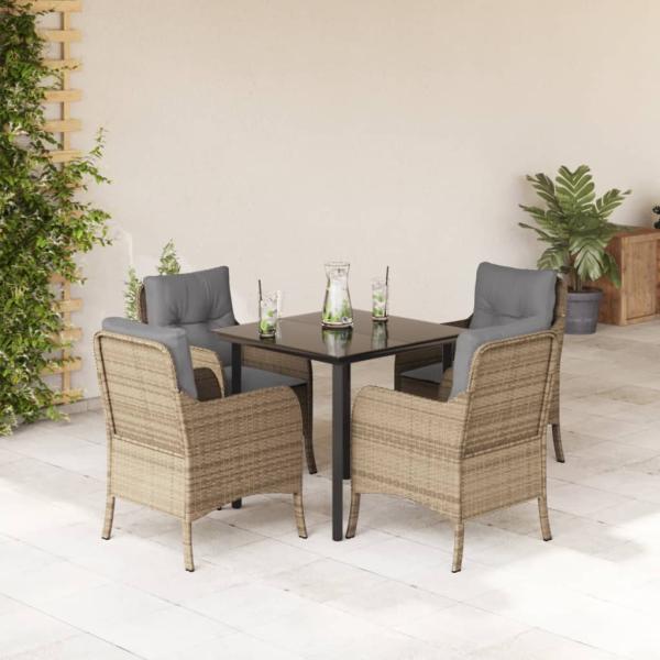 ARDEBO.de - 5-tlg. Garten-Essgruppe mit Kissen Beige Poly Rattan