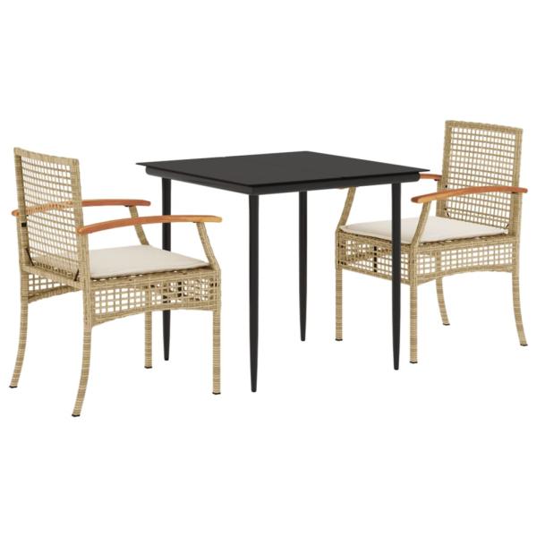 3-tlg. Garten-Essgruppe mit Kissen Beige Poly Rattan