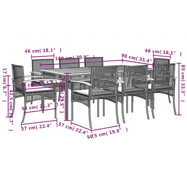 9-tlg. Garten-Essgruppe mit Kissen Grau Poly Rattan