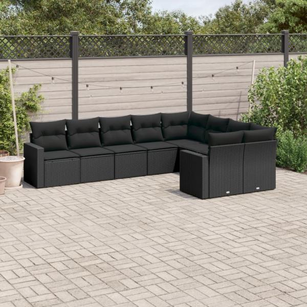 ARDEBO.de - 9-tlg. Garten-Sofagarnitur mit Kissen Schwarz Poly Rattan