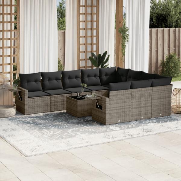 ARDEBO.de - 11-tlg. Garten-Sofagarnitur mit Kissen Grau Poly Rattan