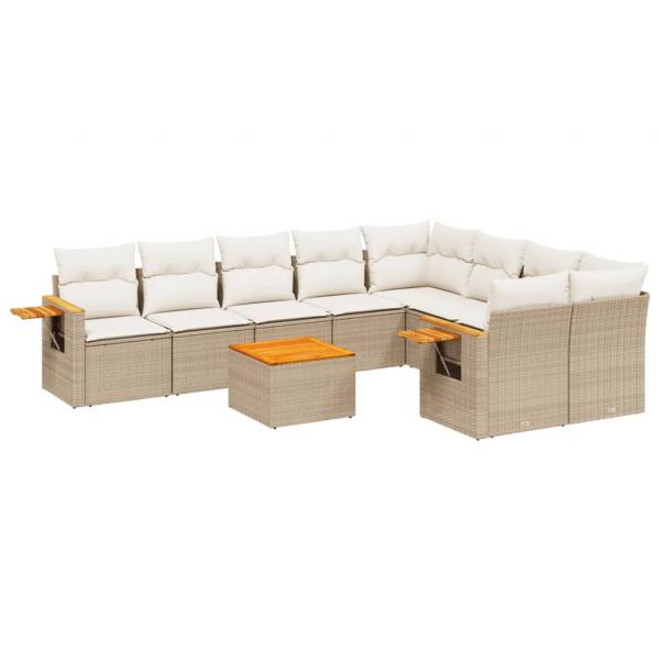 10-tlg. Garten-Sofagarnitur mit Kissen Beige Poly Rattan