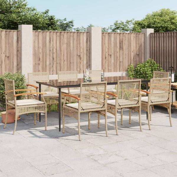 ARDEBO.de - 9-tlg. Garten-Essgruppe mit Kissen Beige Poly Rattan