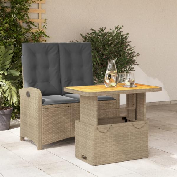 ARDEBO.de - 2-tlg. Garten-Essgruppe mit Kissen Beige Poly Rattan