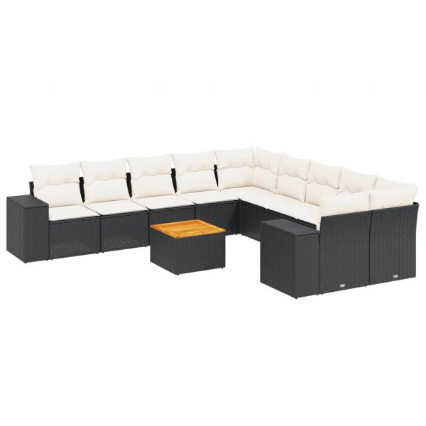 11-tlg. Garten-Sofagarnitur mit Kissen Schwarz Poly Rattan