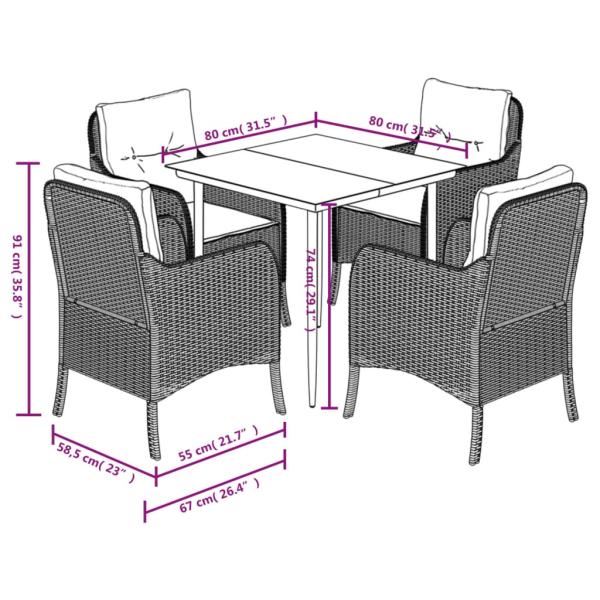 5-tlg. Garten-Essgruppe mit Kissen Schwarz Poly Rattan