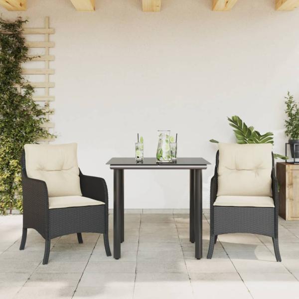 ARDEBO.de - 3-tlg. Garten-Essgruppe mit Kissen Schwarz Poly Rattan