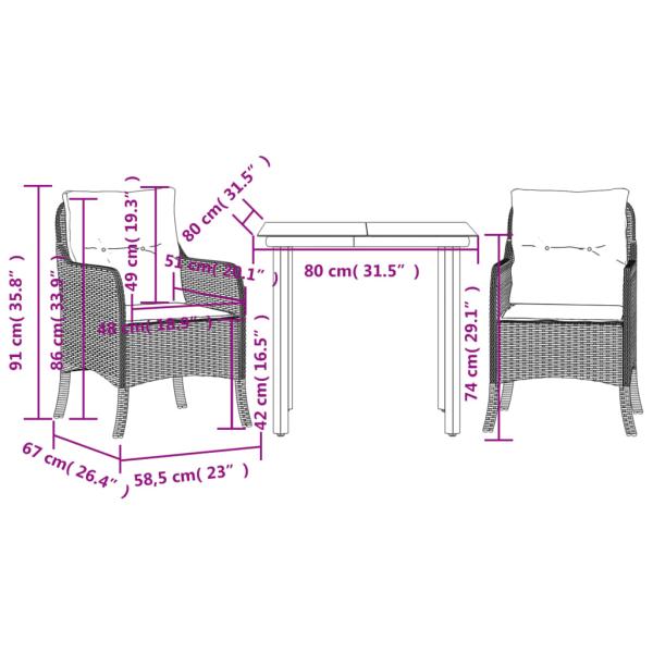 3-tlg. Garten-Essgruppe mit Kissen Schwarz Poly Rattan