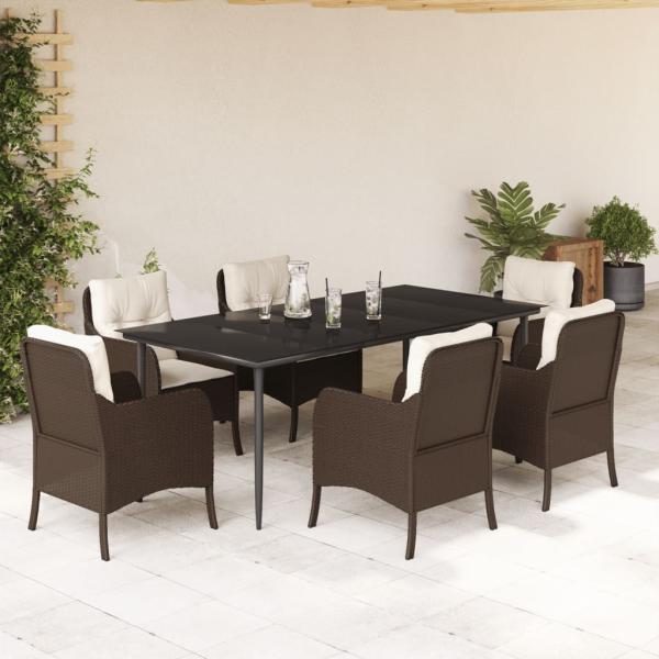 ARDEBO.de - 7-tlg. Garten-Essgruppe mit Kissen Braun Poly Rattan
