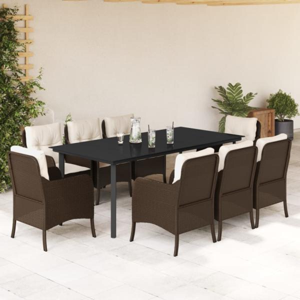 ARDEBO.de - 9-tlg. Garten-Essgruppe mit Kissen Braun Poly Rattan