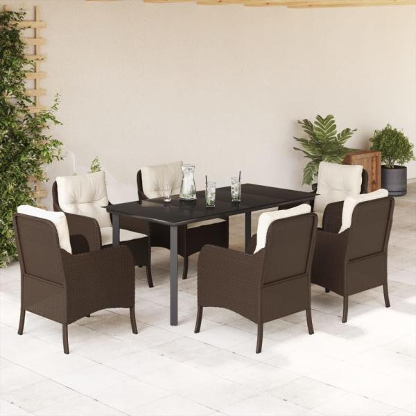 ARDEBO.de - 7-tlg. Garten-Essgruppe mit Kissen Braun Poly Rattan