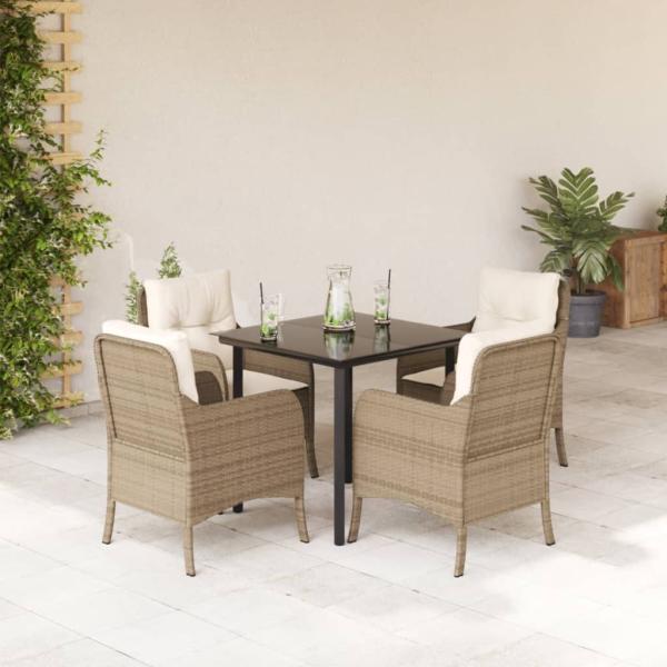 ARDEBO.de - 5-tlg. Garten-Essgruppe mit Kissen Beige Poly Rattan