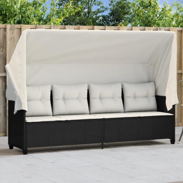 ARDEBO.de - Sonnenliege mit Dach und Kissen Schwarz Poly Rattan