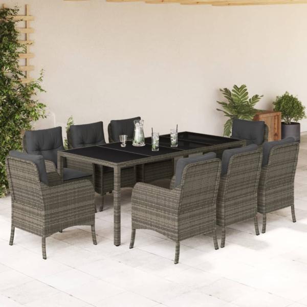 ARDEBO.de - 9-tlg. Garten-Essgruppe mit Kissen Grau Poly Rattan