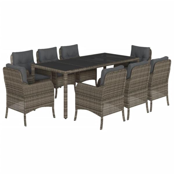 9-tlg. Garten-Essgruppe mit Kissen Grau Poly Rattan