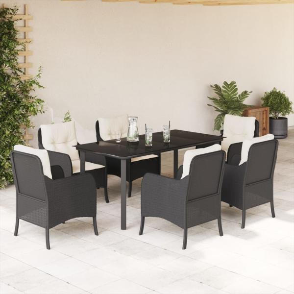 ARDEBO.de - 7-tlg. Garten-Essgruppe mit Kissen Schwarz Poly Rattan