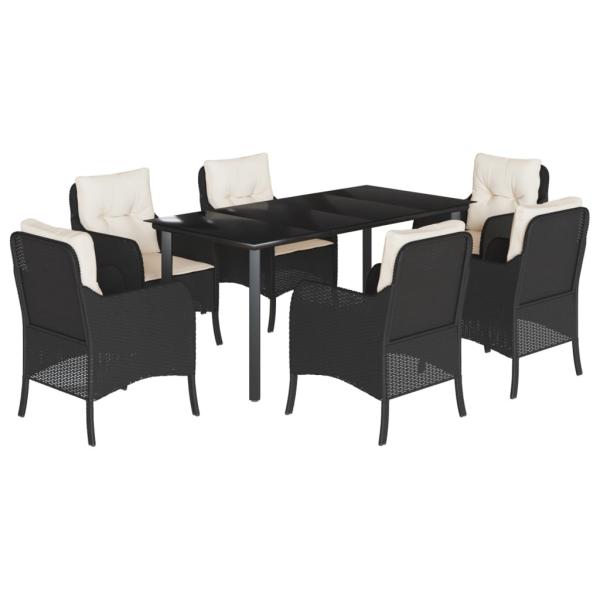 7-tlg. Garten-Essgruppe mit Kissen Schwarz Poly Rattan