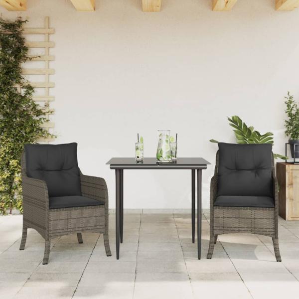 ARDEBO.de - 3-tlg. Garten-Essgruppe mit Kissen Grau Poly Rattan