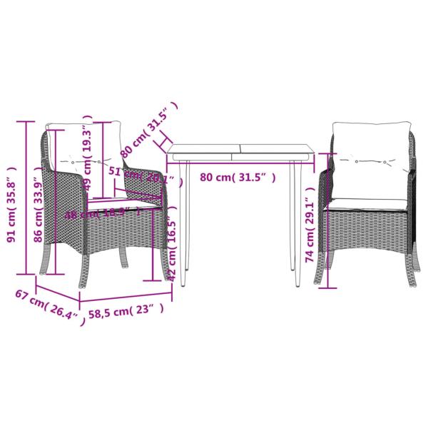 3-tlg. Garten-Essgruppe mit Kissen Grau Poly Rattan