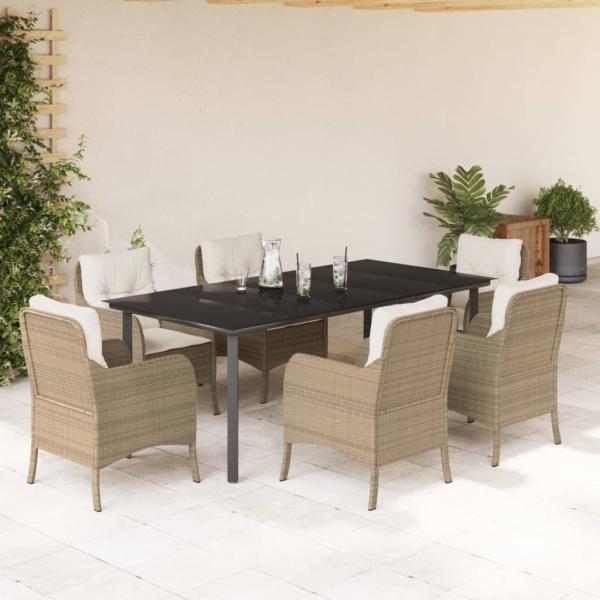 ARDEBO.de - 7-tlg. Garten-Essgruppe mit Kissen Beige Poly Rattan