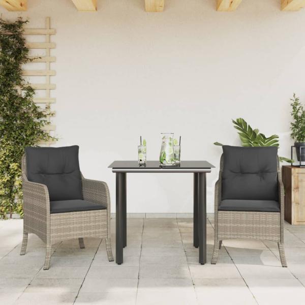 ARDEBO.de - 3-tlg. Garten-Essgruppe mit Kissen Hellgrau Poly Rattan