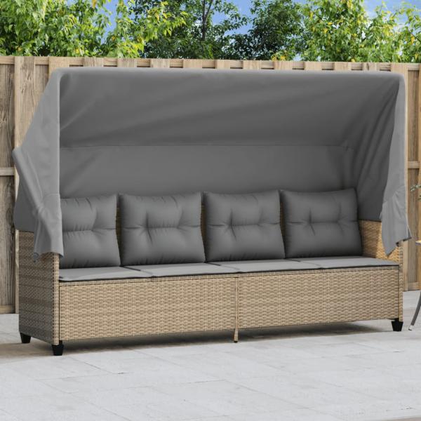 ARDEBO.de - Sonnenliege mit Dach und Kissen Beige Poly Rattan