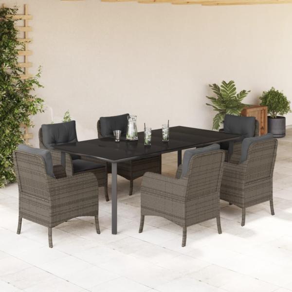ARDEBO.de - 7-tlg. Garten-Essgruppe mit Kissen Grau Poly Rattan