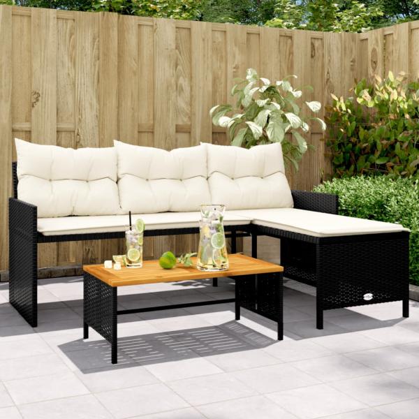 ARDEBO.de - Gartensofa in L-Form mit Tisch und Kissen Schwarz Poly Rattan