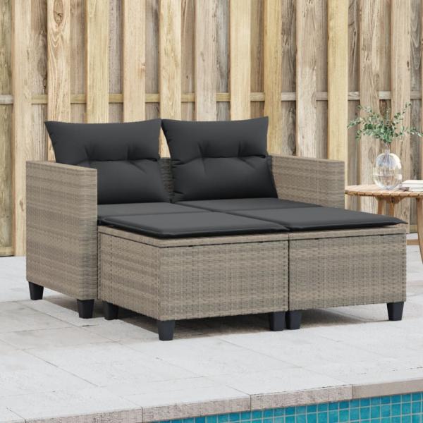 ARDEBO.de - Gartensofa 2-Sitzer mit Hockern Hellgrau Poly Rattan
