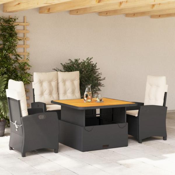 ARDEBO.de - 4-tlg. Garten-Essgruppe mit Kissen Schwarz Poly Rattan