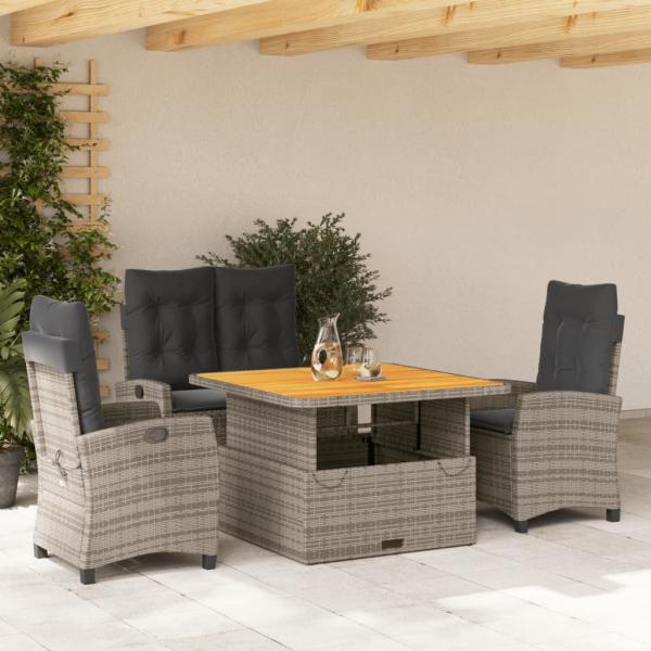 ARDEBO.de - 4-tlg. Garten-Essgruppe mit Kissen Grau Poly Rattan