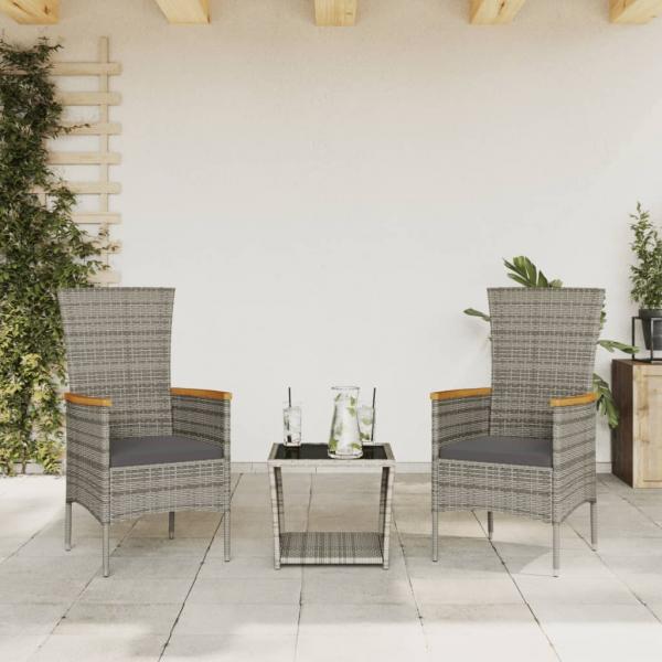 ARDEBO.de - 3-tlg. Garten-Essgruppe mit Kissen Grau Poly Rattan